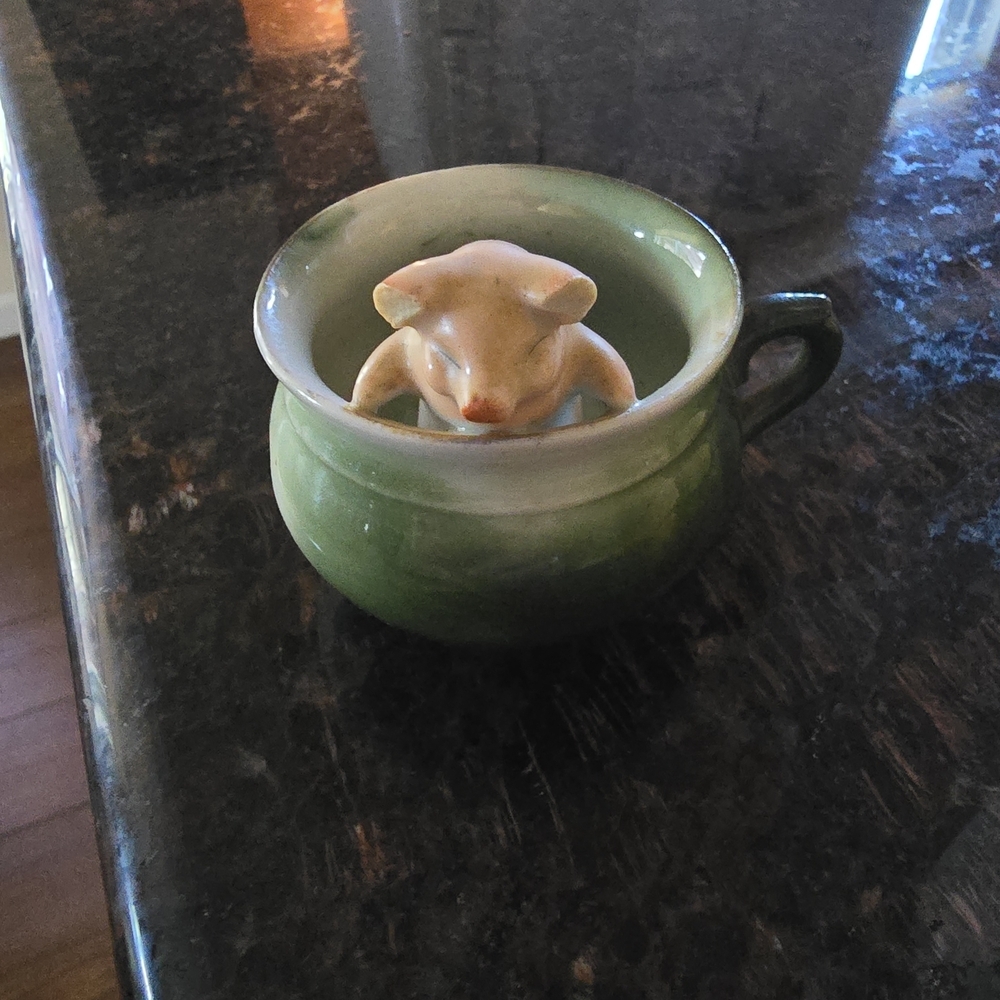 Vintage Green Ceramic Mug with Pig Inside Toothpick Holder